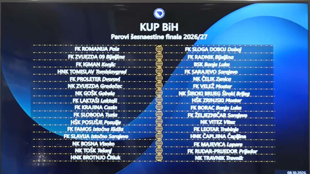 Obavljen ždrijeb šesnaestine finala nogometnog Kupa BiH Obavljen ždrijeb šesnaestine finala nogometnog Kupa BiH